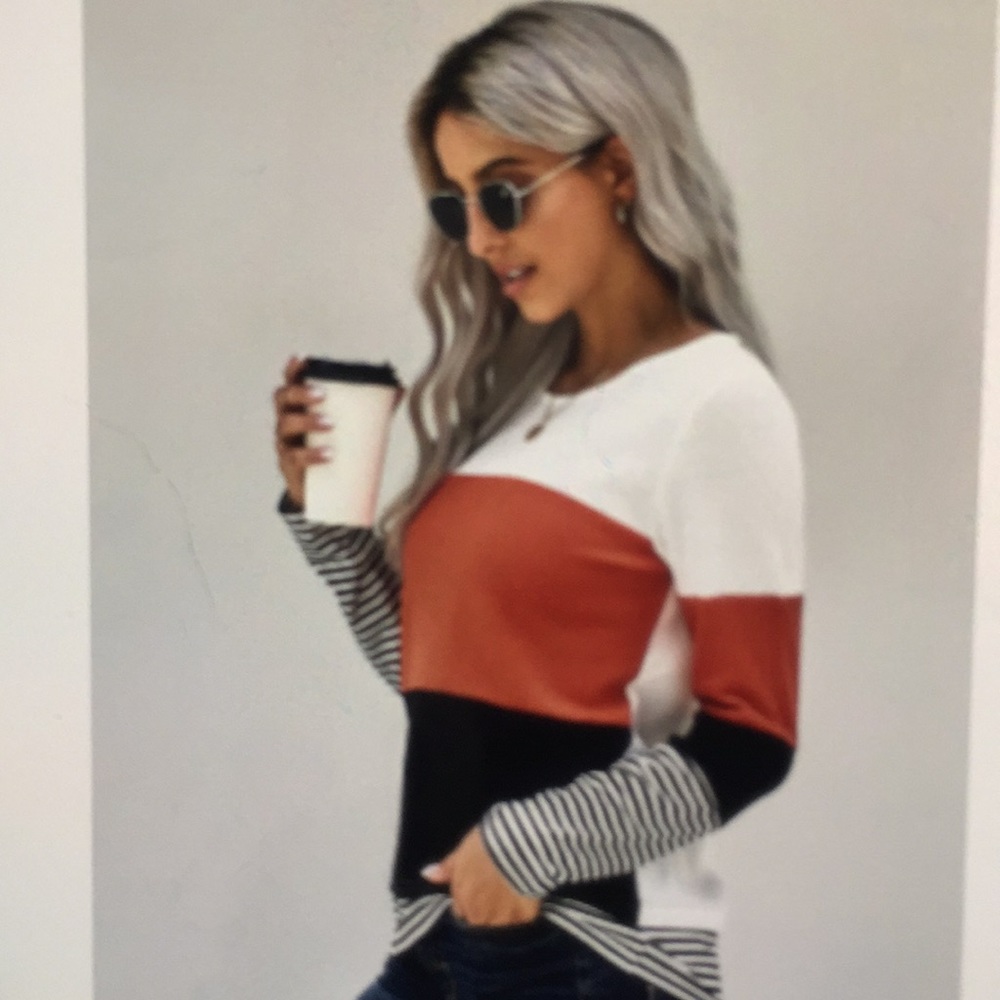 Stylish Colorblock splicing striped red top - Picture 4 of 8
